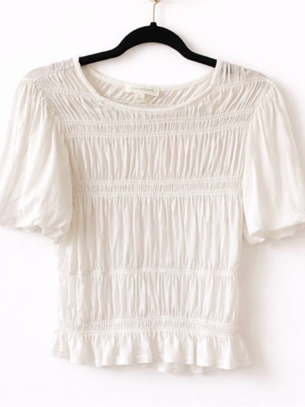 Treasure & Bond White Smocked Puff Sleeve Ruffle Hem Top